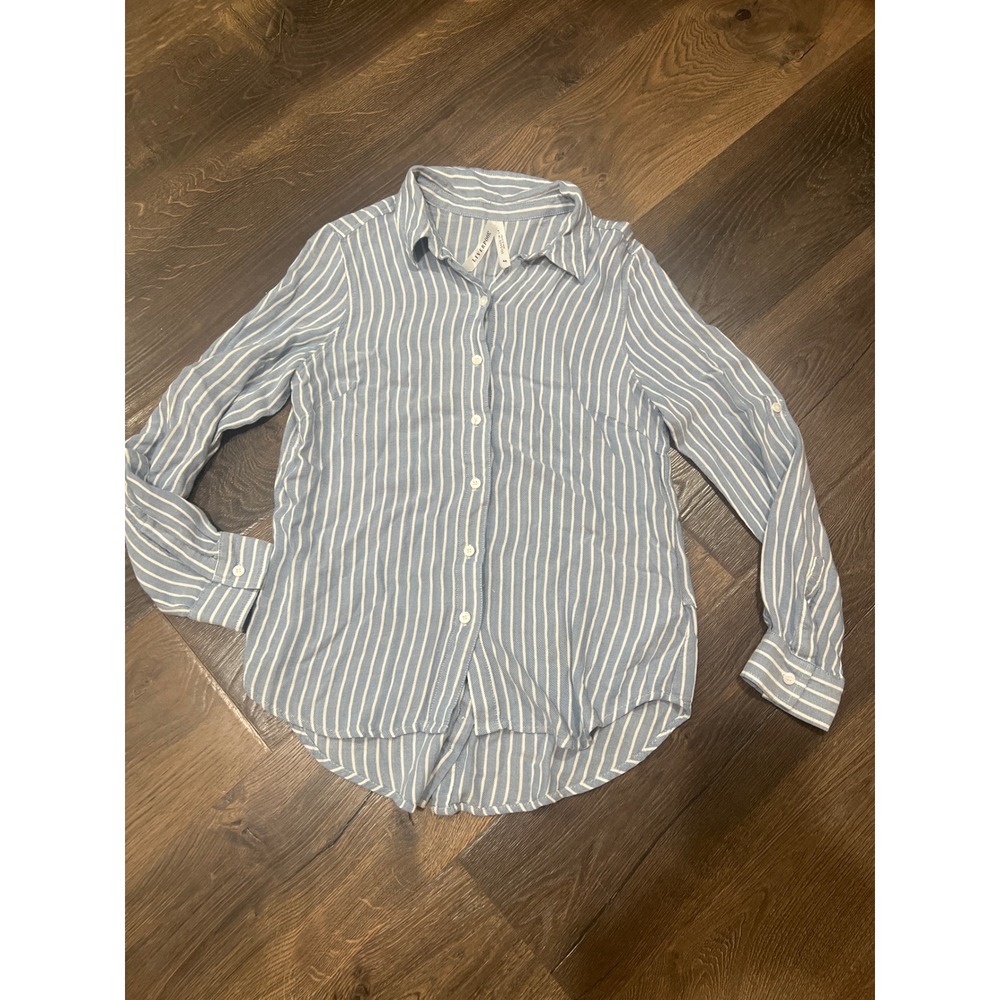 Liverpool Los Angeles Womens Striped Button Down Roll Tab Sleeve Shirt Blue M‎